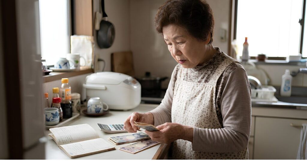 キッチンで家計簿と電卓を前に、浮かない表情で座る日本人の高齢女性。
