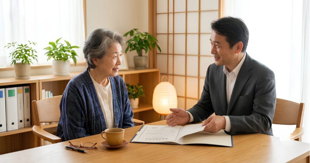 落ち着いた相談室で、高齢の日本人女性（おひとりさま）が、司法書士（日本人男性）から死後事務委任契約についての説明を真剣な表情で聞いている様子。