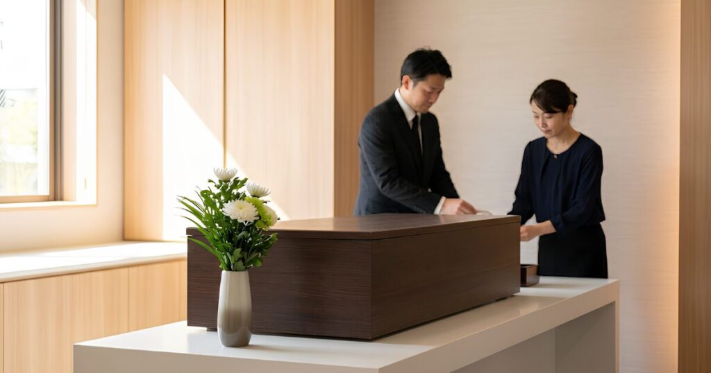 静寂な日本の葬儀場で行われる、参列者ゼロの直葬（火葬式）の様子。シンプルな祭壇に白い花が飾られ、遺族が静かに見送る。