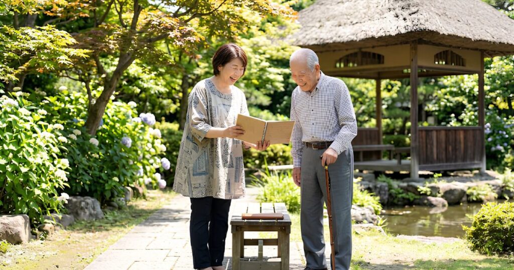 日本人の父と娘が庭で笑顔でエンディングノートを見つめる、前向きな終活のイメージ。