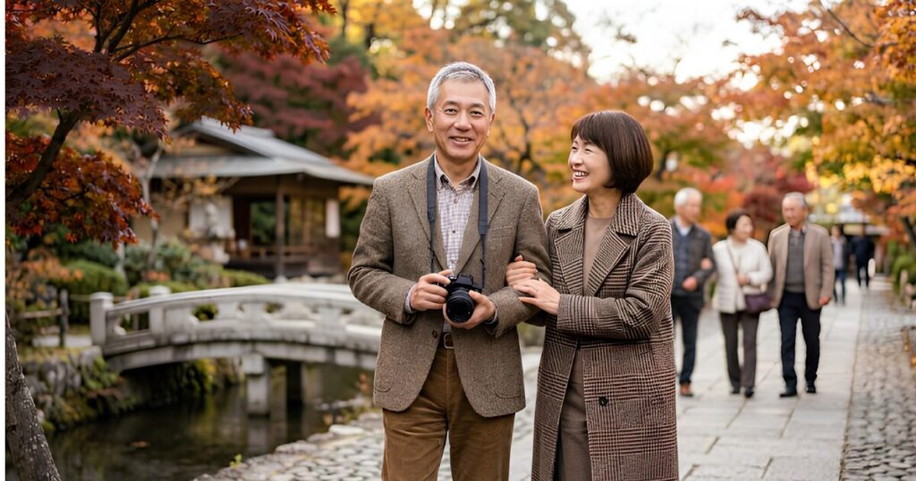 晴れた日の海辺の公園を笑顔で散歩する、人生の後半生を楽しむ日本人シニア夫婦の様子。イマ活の前向きなイメージ。