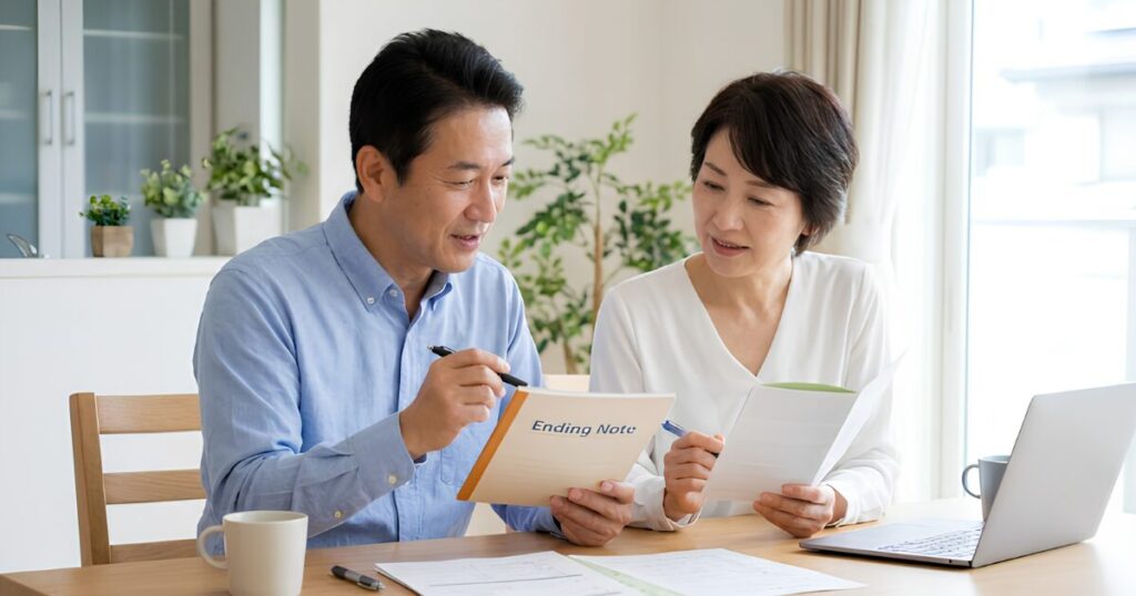 明るいリビングのテーブルで、エンディングノートや資料を広げて笑顔で話し合う50代の日本人夫婦とノートパソコン
