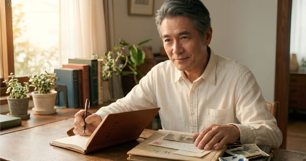 終活を考え始めた50代の日本人男性が、自宅リビングで過去の思い出が詰まった古いアルバムを穏やかな表情で眺めている様子。