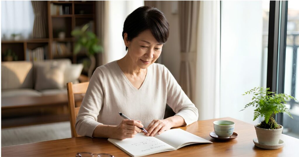 明るいリビングのテーブルで、穏やかな表情でエンディングノートにペンを走らせる50代の日本人女性。