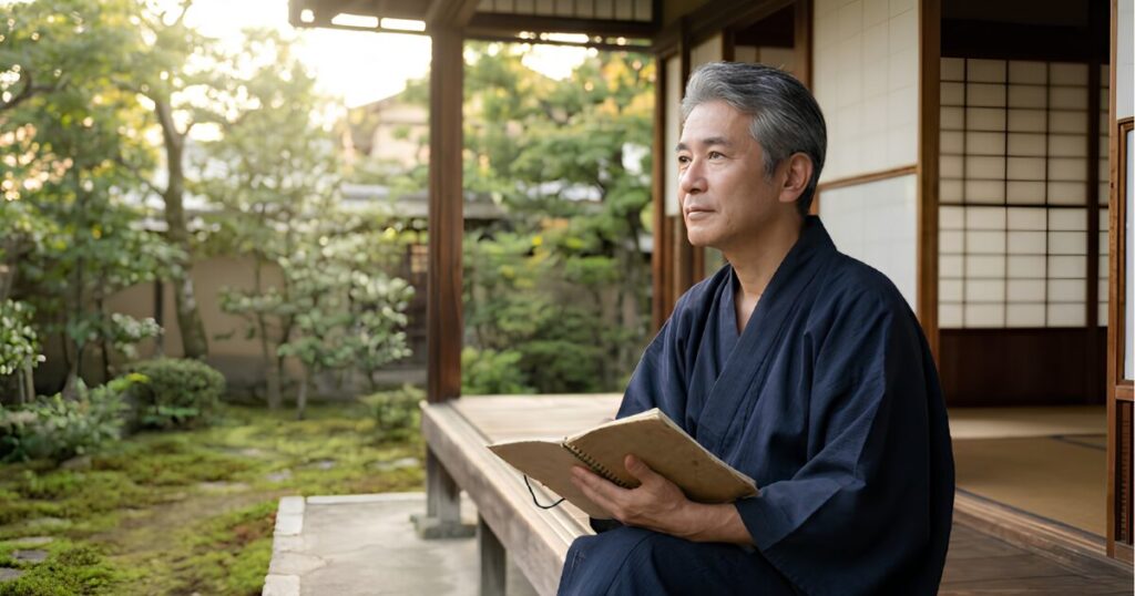 庭を眺めながら自分のルーツに思いを馳せる、穏やかな表情の日本人シニア男性
