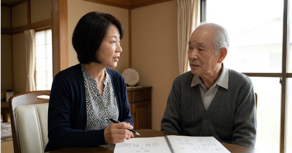 実家の宗派について、ノートを前に父親に相談する日本人女性。終活相談の様子。