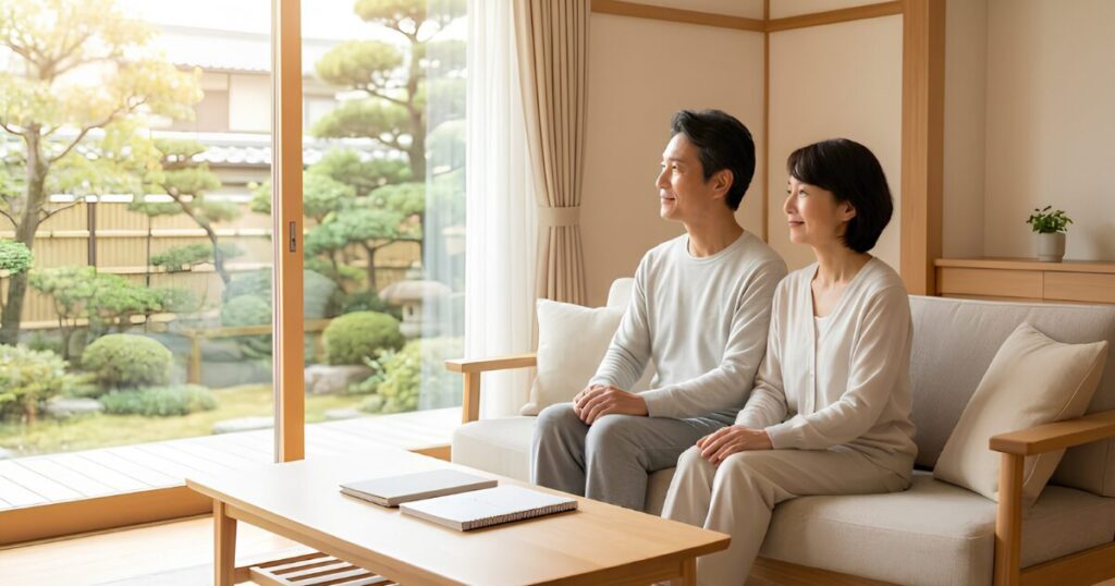断捨離と終活が完了し、すっきりと片付いた日本の自宅リビングで、穏やかな表情でくつろぐ日本人夫婦。テーブルには整理されたエンディングノートが置かれ、これからの人生を豊かに生きる準備が整っている。