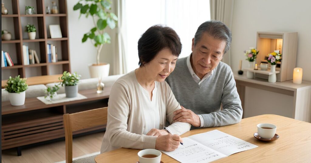 リビングでエンディングノート（終活ノート）を前に、将来の仏壇や位牌の処分について話し合う日本人夫婦。穏やかな対話の風景。
