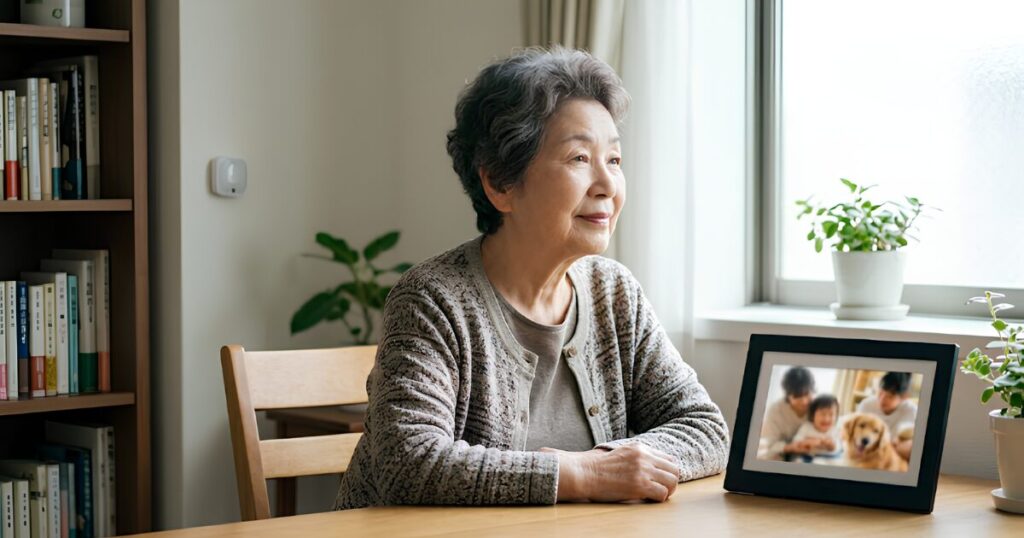 リビングで、デジタルフォトフレームに映る家族の写真を優しい表情で眺める日本人の高齢女性。