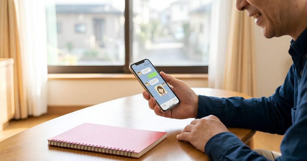 温かい雰囲気の中、スマートフォンを手に画面（LINE などのメッセージアプリ）を見つめて微笑んでいる。デジタルツールで温かくつながっている様子を表現している。