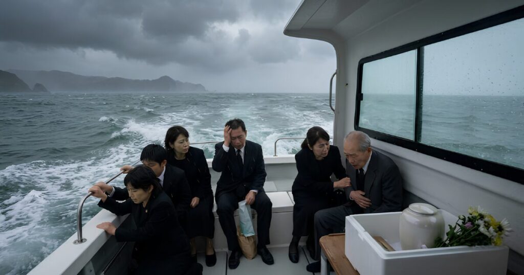 荒れたグレー の海を船内から見つめる日本人船長と、落胆する家族。悪天候による散骨の延期。