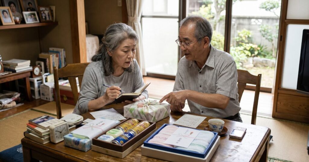 実家の和室で、高齢の父親と母親が、山積みの贈答品リストと古い手帳を前に、お中元・お歳暮の整理について真剣に相談している様子。