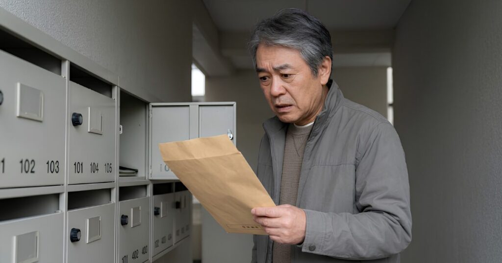 退職から数ヶ月後、60代の日本人男性が自宅のポストから届いた住民税の納付書（分厚い封筒）を手に取り、現役時代の所得ベースで計算された莫大な金額に愕然としている。
