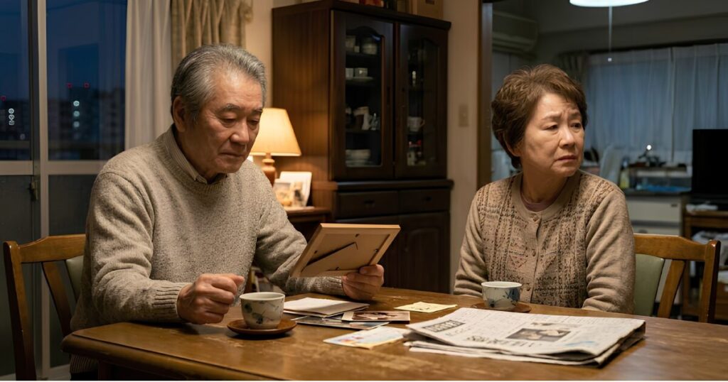 リビングで互いに視線を合わさず、沈黙したまま座る日本人の熟年夫婦。