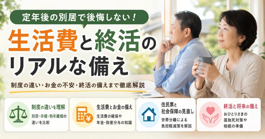 定年後の別居を考える夫婦が、生活費や年金、財産分与、終活の備えについて将来設計を話し合うイメージ