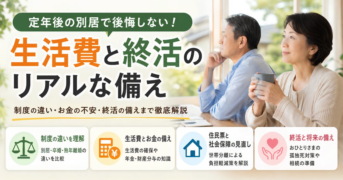 定年後の別居を考える夫婦が、生活費や年金、財産分与、終活の備えについて将来設計を話し合うイメージ