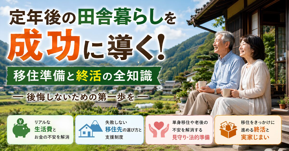 定年後の田舎暮らしを検討するシニア夫婦が自然豊かな地方でセカンドライフを楽しむ様子。移住準備、生活費、移住先選び、医療・介護対策、終活のポイントを解説する記事のアイキャッチ画像。