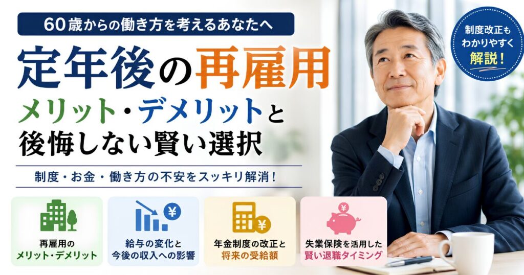 定年後の再雇用のメリット・デメリットを解説し、給与の変化や年金制度、失業保険、後悔しない選び方を紹介するアイキャッチ画像