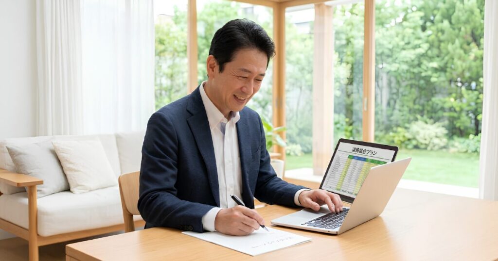 定年前の準備としてノートを開き、パソコンで老後資金計画を立てる50代の日本人男性