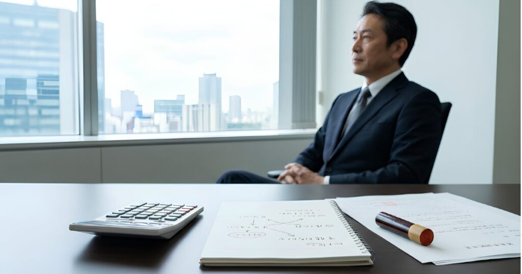 定年後の再雇用について考え、デスクで資料を見ながら思案する日本人男性