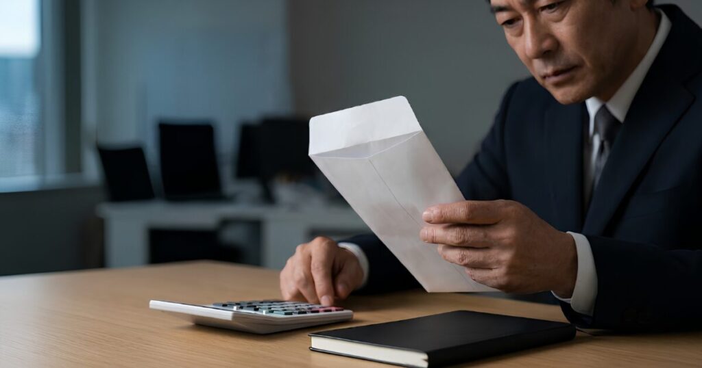 再雇用後の給与明細を手に取り、大幅な収入減少という現実に厳しい表情を浮かべる日本人男性