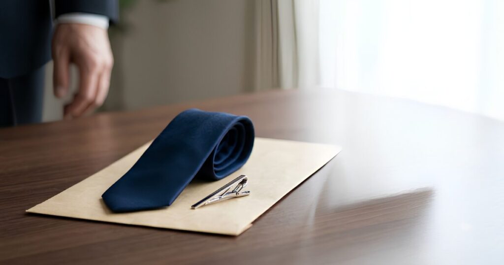 会社のデスクに置かれた退職関連書類と、定年退職を迎える日本人男性のイメージ