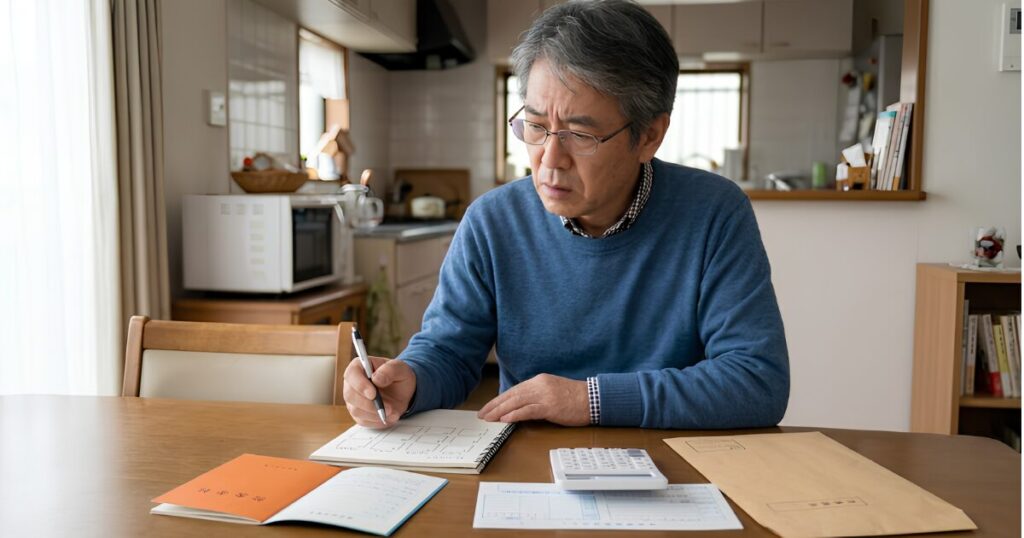 60代の日本人男性が、自宅のリビングで年金証書や源泉徴収票、電卓を並べ、不安な表情でライフプランノートを広げている。定年後の複雑なお金と制度について悩む姿。