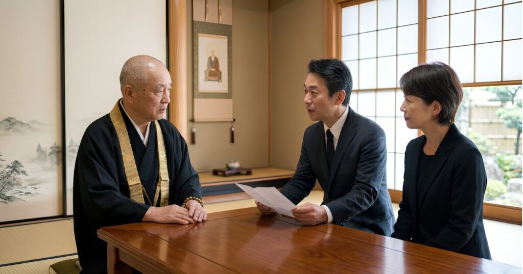 寺院の本堂・和室にて、真摯な態度で書類を手にしながら直葬や納骨の相談をご住職に行う喪服姿の日本人夫婦。