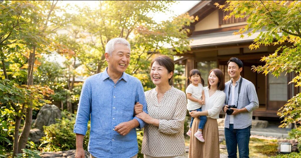 晴れた日の秋の庭で、笑顔で歩く日本人シニア夫婦と、その後ろで笑顔で見守る娘夫婦、孫の3世代家族。家族に負担をかけないポジティブな選択の象徴。