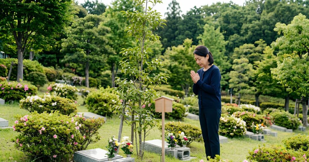 美しく手入れされた現代的な樹木葬墓地で祈る日本人女性