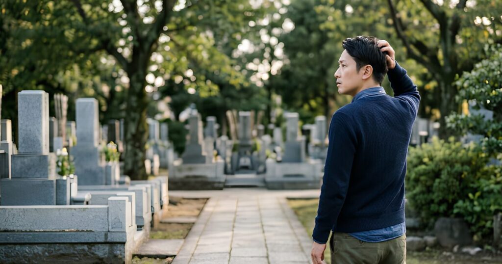 実家の墓の将来について悩む次男。静かな墓地で佇む、日本の男性の背中。