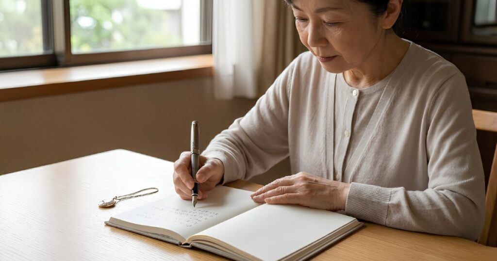 自宅の書斎で、万年筆を使いエンディングノート（終活ノート）に丁寧に自筆で想いや書き込みをする高齢の日本人女性。