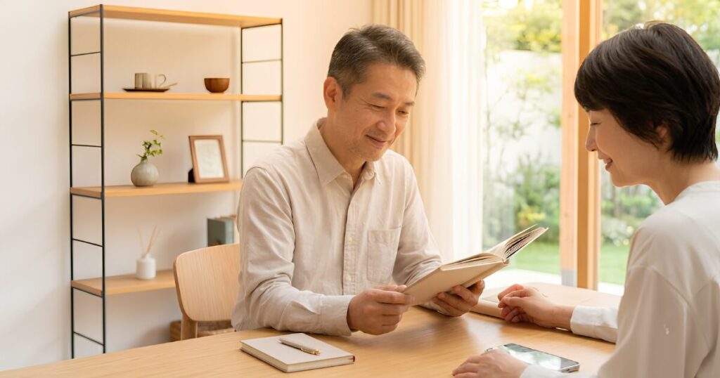 すっきりと片付いたリビングのテーブルでアルバムを広げ、穏やかな表情で思い出を振り返る50代の日本人夫婦