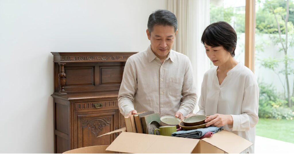 老前整理のために古い本や食器などの持ち物を段ボール箱に詰めて仕分けしている50代の日本人夫婦