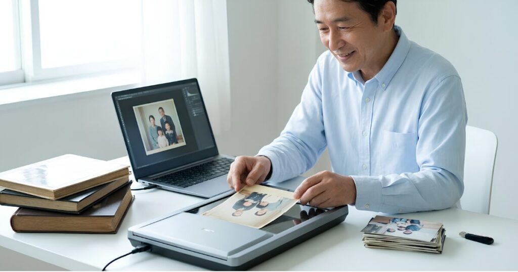 古い写真をスキャナーでデジタル化する日本のシニア男性。アルバムの整理と物理的な収納スペースの削減を同時に実現する終活のテクニック。