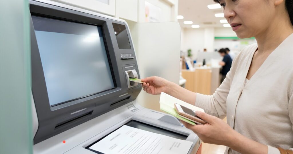 銀行のATMで、凍結された口座からお金を引き出せず、困惑した表情で通帳とキャッシュカードを見つめる日本人女性。葬儀費用の準備における口座凍結リスクの例。