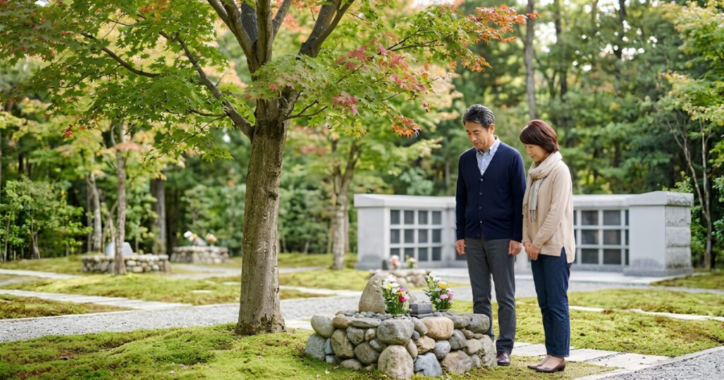 明るく穏やかな日本の樹木葬霊園。お墓を継承しない選択をした夫婦が、合祀墓や自然葬という新しい供養の形を見学し、安心した表情を浮かべている。