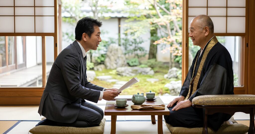 穏やかな日本の和室で、僧侶（住職）と向き合い相談するスーツ姿の男性。墓じまいや離檀料について、誠意を持って誠実に話し合っている様子。