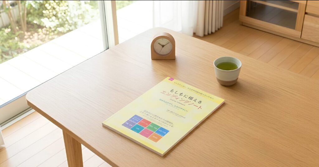 ダイソーの「もしもに備えるエンディングノート」の表紙。明るいリビングの木製デスクの上に置かれている様子。