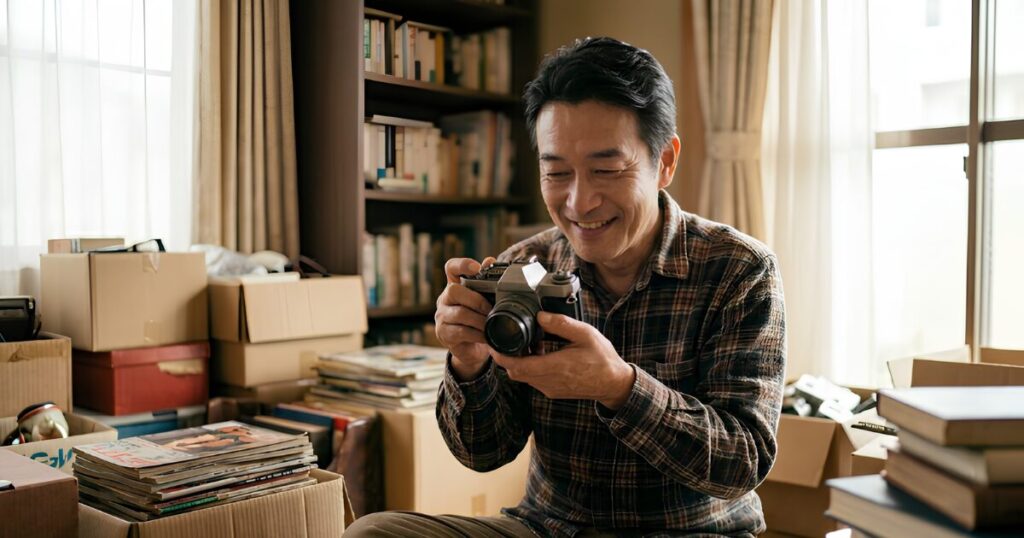 自宅の書斎で、趣味のバイクパーツや工具を床いっぱいに広げ、片付けが行き詰まって苦笑いする50代の日本人男性。断捨離のリアルな失敗談。