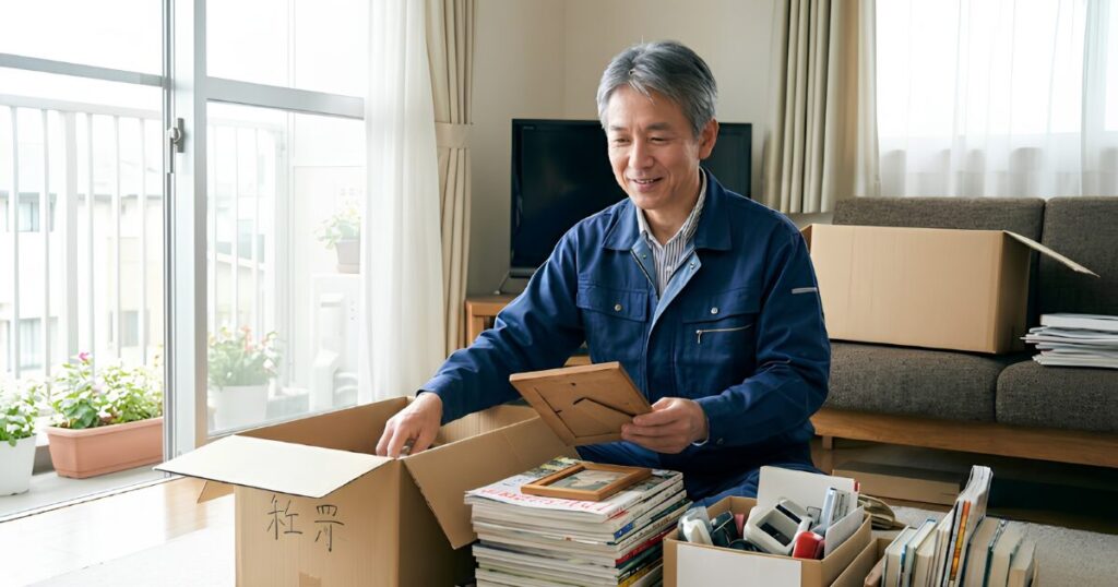 0代の日本人男性が、自宅のリビングで片付けをしながら、思い出の品を整理している様子。老前整理の第一歩。