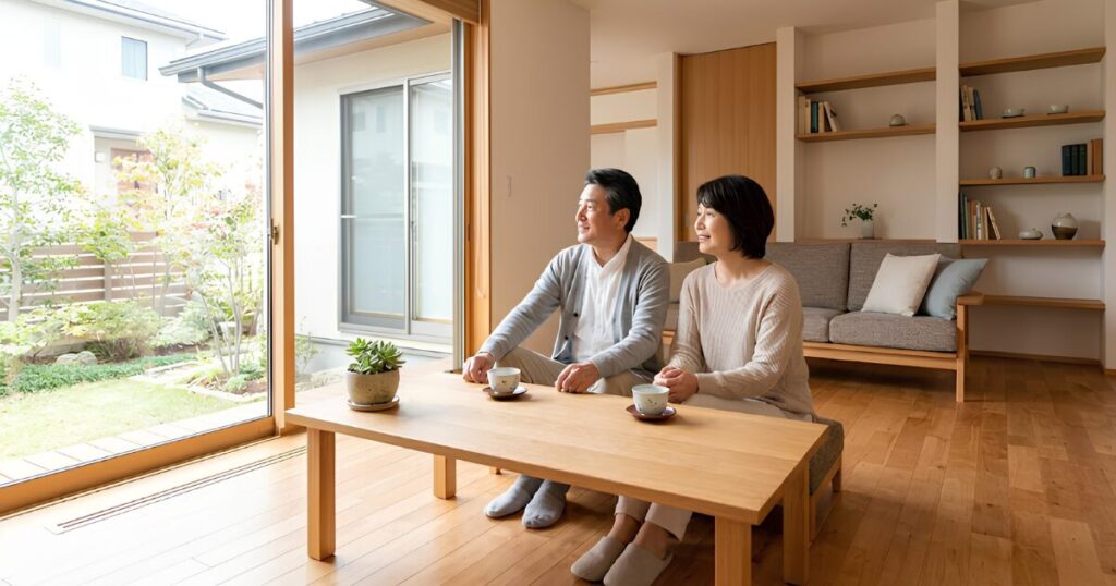 断捨離が完了し、すっきりと広くなった元子供部屋で、仲睦まじくお茶を飲む50代の日本人夫婦。セカンドライフを楽しむ空間