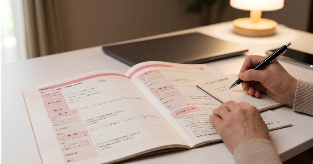 プロバイダ契約やSNS対応欄が開かれたダイソーのエンディングノートと、その横でパスワード専用ノートにID・パスワードのヒントを書き込んでいる手元。