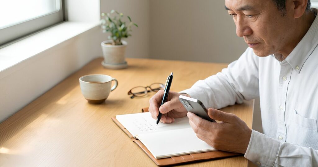 自宅のデスクで、スマートフォンを見ながら、IDやパスワードをメモ帳に手書きで書き写す50代の日本人男性。デジタル遺品整理のアナログ対策。