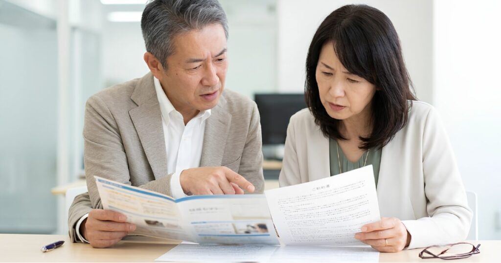 永代供養の契約書類を前に、内容を真剣に確認し、少し不安げな表情を浮かべる日本人のシニア夫婦。