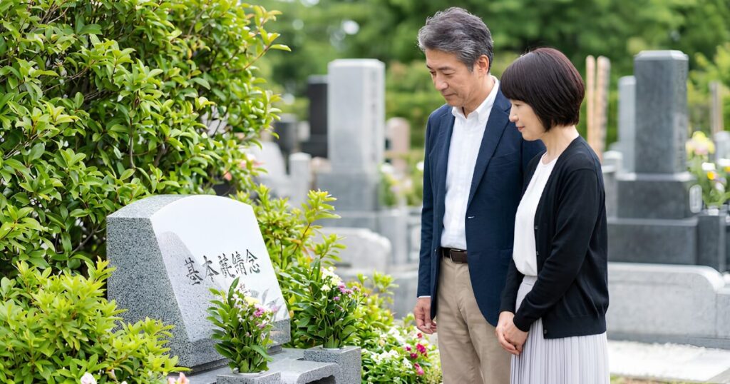 穏やかな表情で、明るく近代的な永代供養墓を見学する日本人のシニア夫婦。