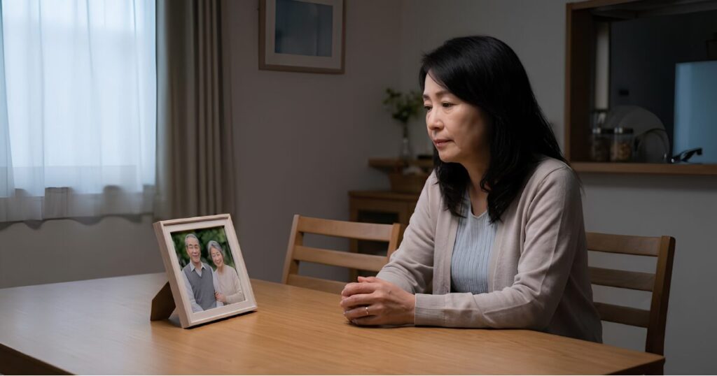 永代供養を検討し、自宅で一人寂しげに故人の写真を眺める日本人の女性。
