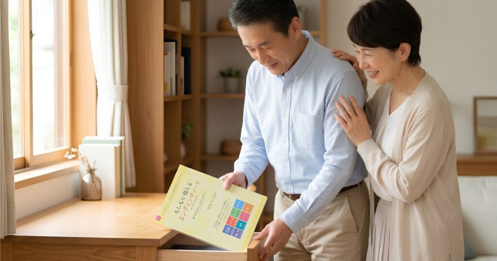 自宅の書斎で、シニア夫婦が笑顔で見守る中、夫がダイソーのB5サイズ「もしもに備えるエンディングノート」をデスクの一番下の引き出しに大切に仕舞っている様子。