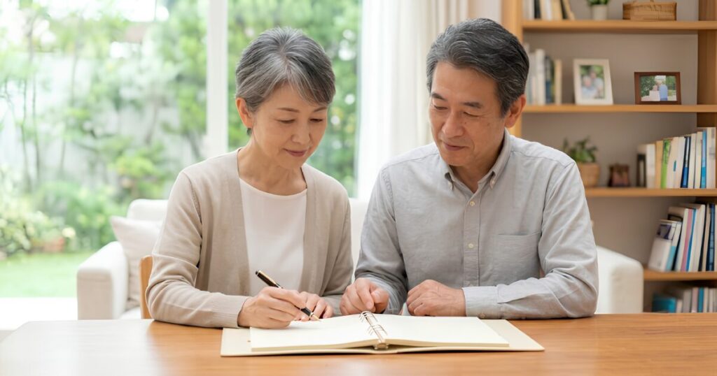 穏やかな表情で、将来のためにエンディングノートを書き進める日本人のシニア夫婦。