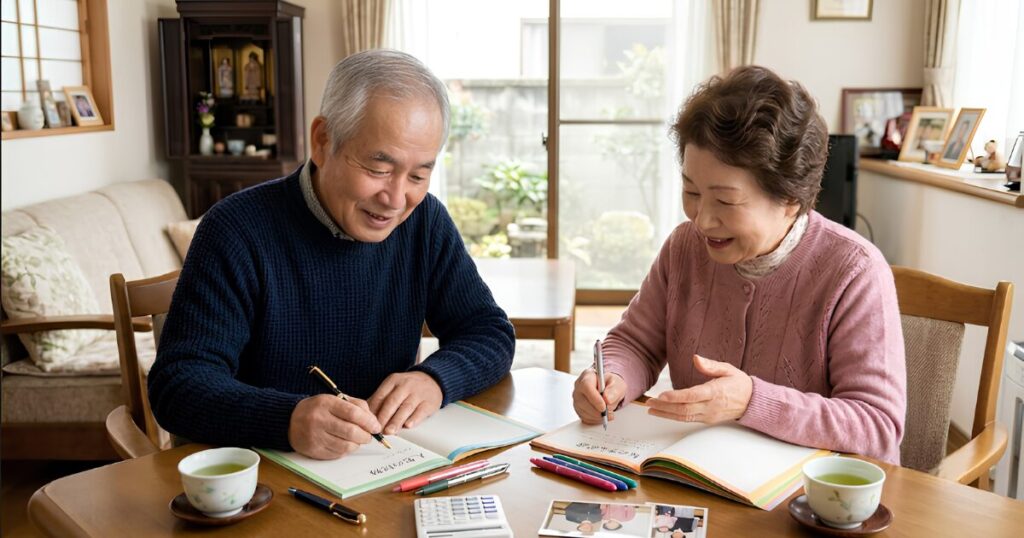 自宅のリビングで、仲睦まじくエンディングノートにそれぞれの思いを書き込む高齢の日本人夫婦。葬儀費用の希望やお金のあり方を家族に伝えるための終活。
